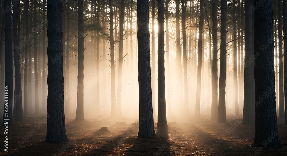 Obraz premium A mysterious foggy forest at dawn, with tall pine trees disappearing into the mist.