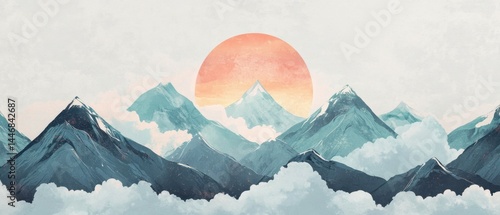 Wallpaper mural illustration with turquoise and gray mountains on a light background. Snow and sunsets with white clouds.