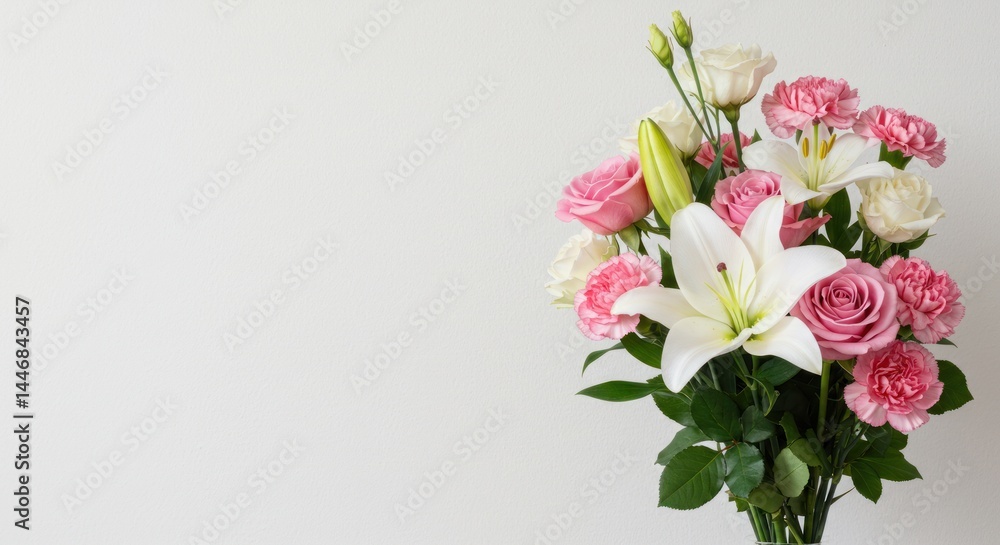 Bouquet of pink roses and white lilies on a white background. Bouquet of pink roses and white lilies on a white background.