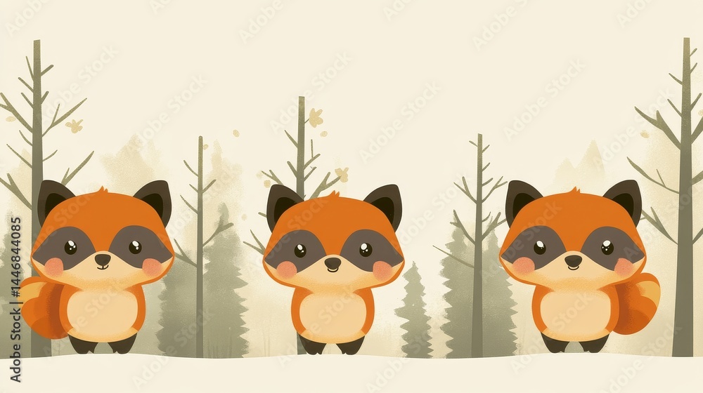 Fototapeta premium Three adorable cartoon raccoons in a forest scene.