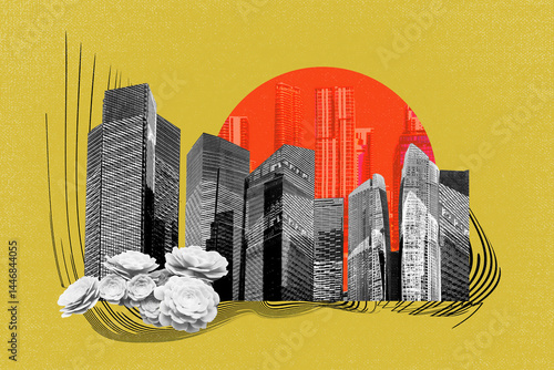 Abstract cityscape with condos and office buildings . Art collage or design