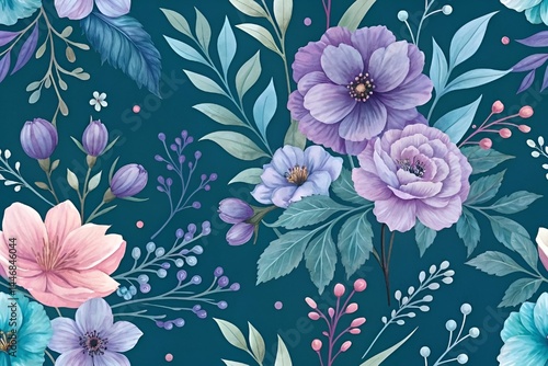 Watercolor Floral Pattern in Purple Blue Pastels on Dark Teal Background

