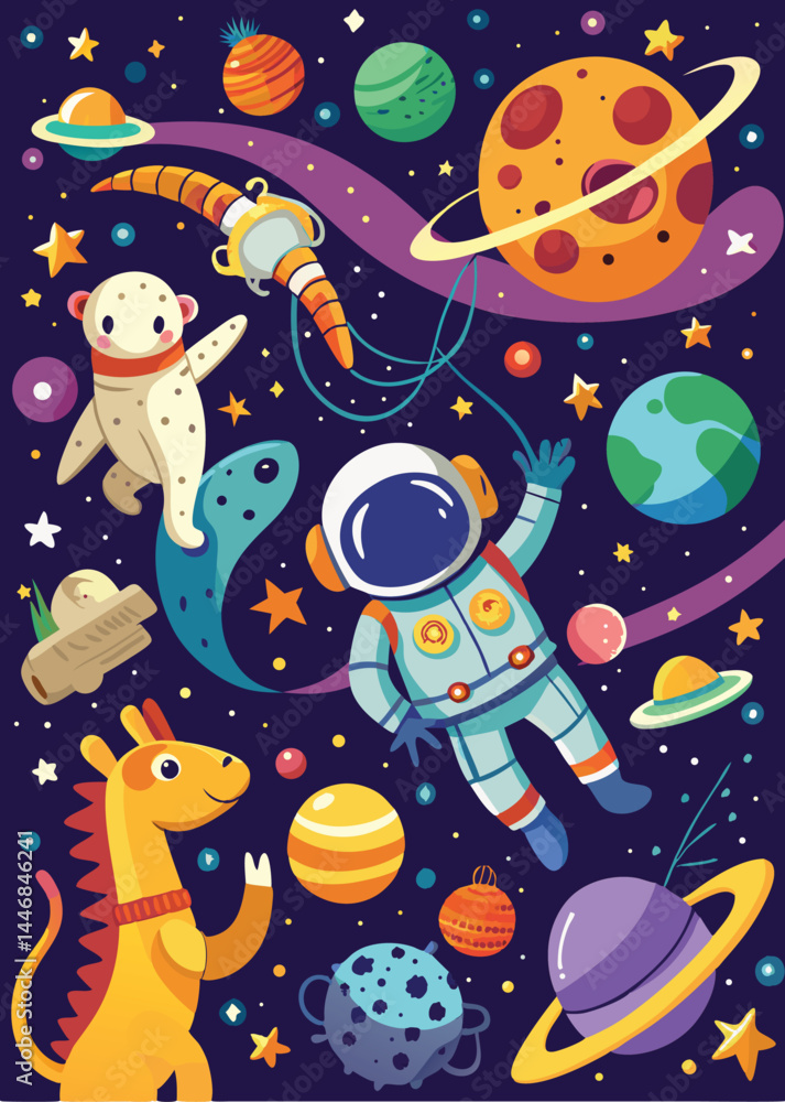 Fototapeta premium Playful Cosmic Adventure Featuring Cute Astronaut Floating in Space – Fun Outer Space Vector Illustration with Planets and Stars