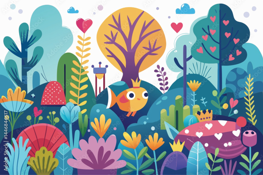 Naklejka premium Colorful Fantasy Forest or Underwater Scene with Imaginative Animals – Whimsical Nature Illustration in Vibrant Vector Style
