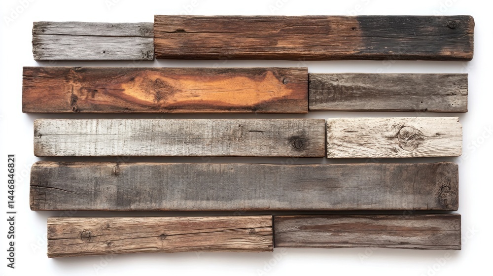 A collection of various aged wooden planks in different tones of brown, gray, and orange, arranged on a white background A collection of various aged wooden planks in different tones of brown, gray, and orange, arranged on a white background