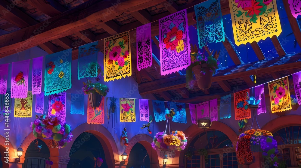 Fototapeta premium A colorful wall of mexican paper cut otomi flowers, hanging from the ceiling in market at evening, Generative AI illustrations.
