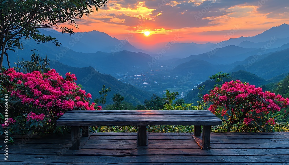 Obraz premium Mountain sunset view bench