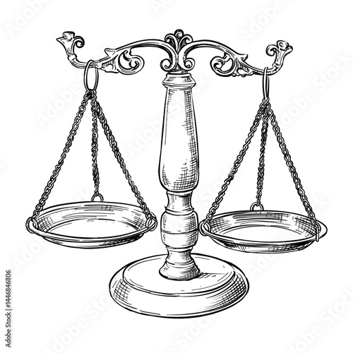 vintage lawyer scale of justice libra vector line art hand drawn illustration