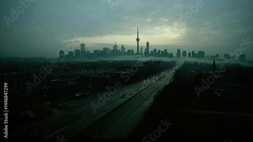 Misty city skyline at dawn. Highway through urban landscape
