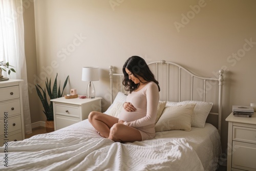  a pregnant woman sitting on top of a bed in a bedroom. She is surrounded by pillows and a blanket, and there are two tables with drawers on either side of the bed.