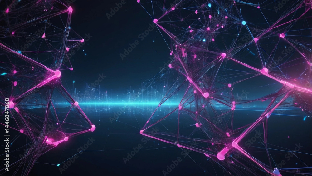 Fototapeta premium Futuristic Digital Network Background with Blue and Pink Glowing Wireframe Connections