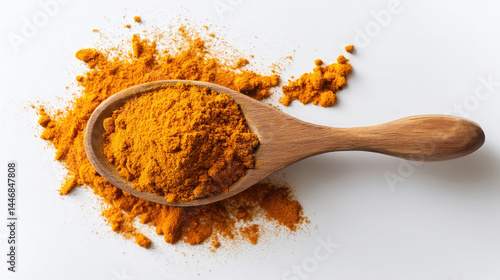 A wooden spoon holds turmeric powder, spilling onto a white surface