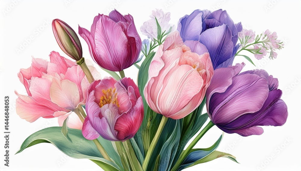 Fototapeta premium Beautifu pinkl flowers on isolated white background, iris, tulip, hyacinth, green leaves, w