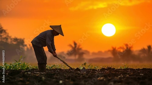 Silhouette of a farmer working in a field at sunrise