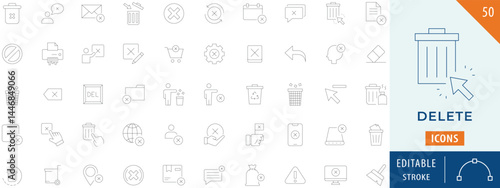 Delete icon collection set. Containing remove, trash, erase, wrong, incorrect, denied, and more. Editable stroke.