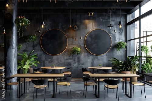 Modern black and gray cafe interior with a round and a rectangular signs, wooden tables and metal chairs. 3d rendering mock up