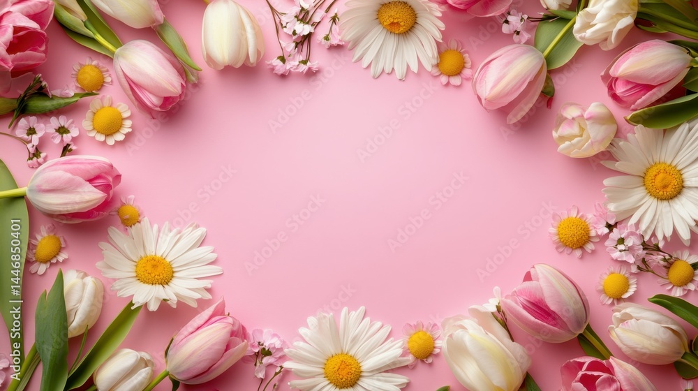 Delightful floral frame featuring a mix of daisies and tulips for International Women's Day. Delightful floral frame featuring a mix of daisies and tulips for International Women's Day.