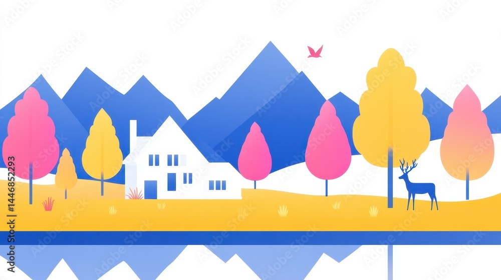 Naklejka premium Stylized landscape illustration featuring a house nestled amidst colorful trees reflected in water against a backdrop of stylized mountain peaks