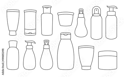 Set of minimalist skincare and beauty product bottles in various styles. Ideal for cosmetic, health, or wellness designs. 