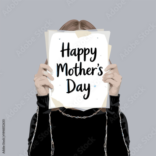 Mysterious Woman Concealing Face with Happy Mother's Day Message