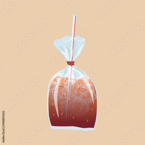 Vector illustration of iced tea in a tied plastic bag with a straw, featuring condensation and ice cubes. Common street drink presentation in Southeast Asia. Ideal for cultural or food-themed designs.