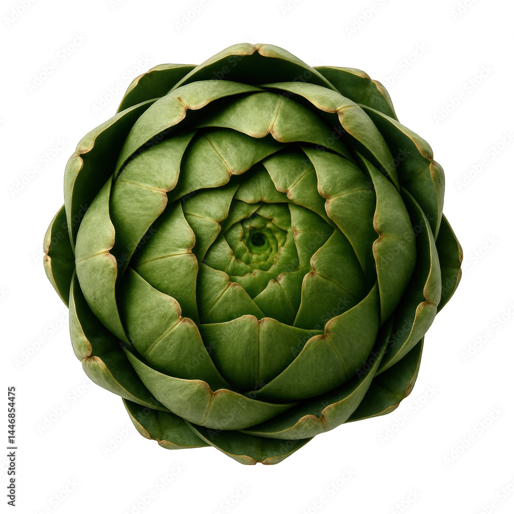 Fototapeta premium Vibrant green artichoke bud presented from above, revealing its tightly woven leaves and natural geometric structure.