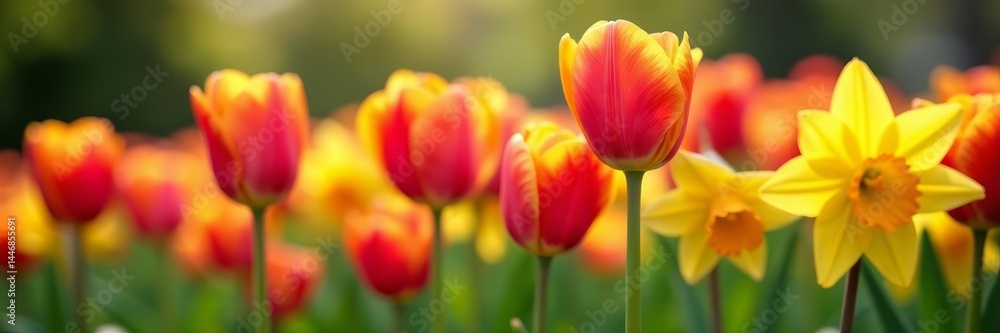 Close-up of colorful tulips and daffodils blooming in a garden, flora, beauty, spring Close-up of colorful tulips and daffodils blooming in a garden, flora, beauty, spring