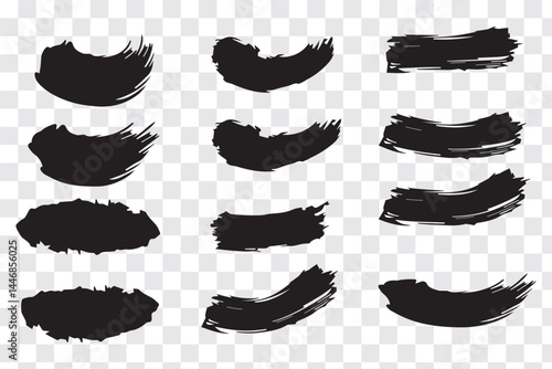 Vector black paint brush spots, highlighter lines or felt tip pen marker horizontal blobs. Marker pen or brushstrokes and dashes. Ink smudge abstract shape stains and smear set with texture.