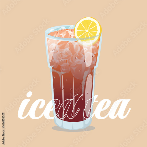 Vector illustration of a tall glass of iced tea with ice cubes and a lemon slice garnish. “Iced tea” text in stylish white font. Ideal for beverage ads, menus, or summer-themed designs.