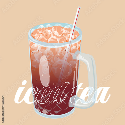 Vector illustration of a glass mug filled with iced tea, ice cubes, and a straw. “Iced tea” text overlay in elegant script. Perfect for summer, beverage menus, or cafe promotions.
