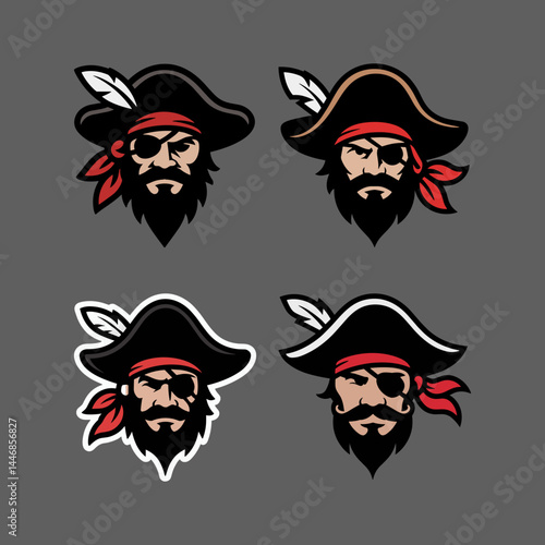 Collection of Stylized Pirate Head Mascot Graphics with Hats and Eye Patches