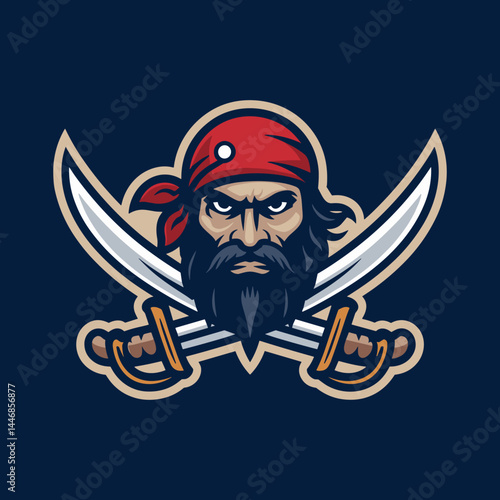 Pirate Head Mascot with Crossed Swords Logo Design