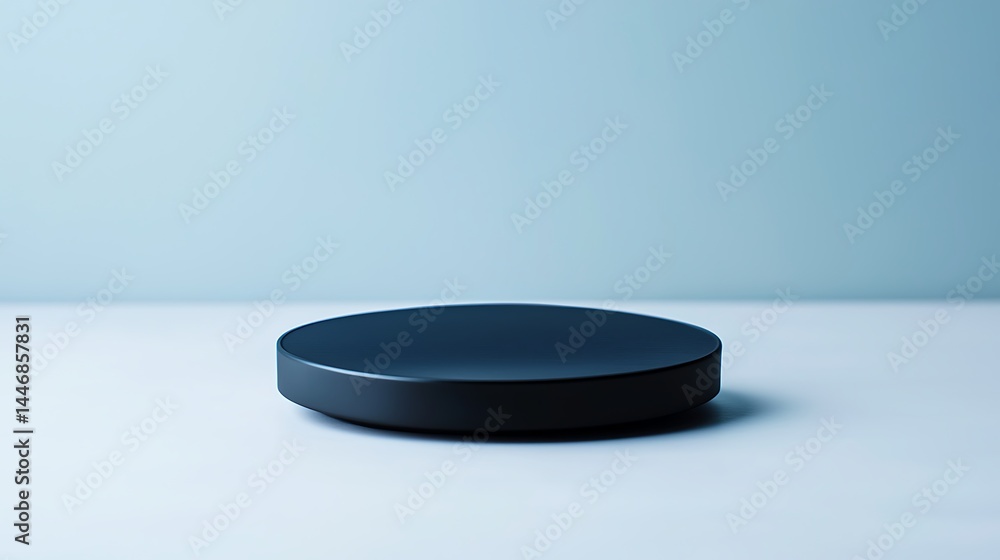 Minimalist photo of an empty, dark plate on a light surface with a soft blue background. Minimalist photo of an empty, dark plate on a light surface with a soft blue background.