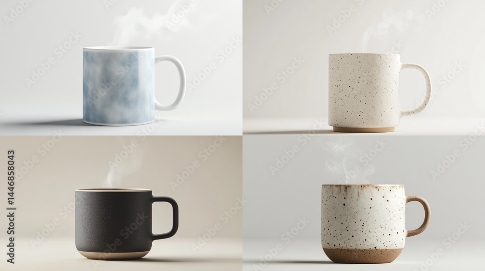 Obraz premium Four steaming mugs in different colors and patterns on a light background.