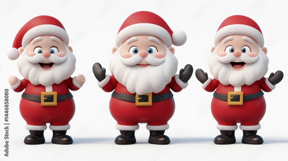 three cheerful santa claus characters standing side by side, ado three cheerful santa claus characters standing side by side, ado