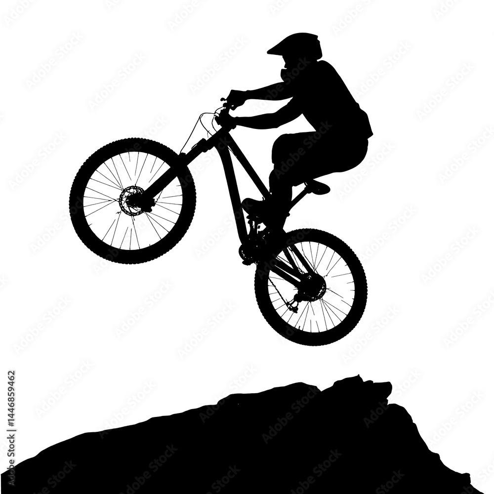 Fototapeta premium silhouette of jumping bike at the mountain at isolated white background