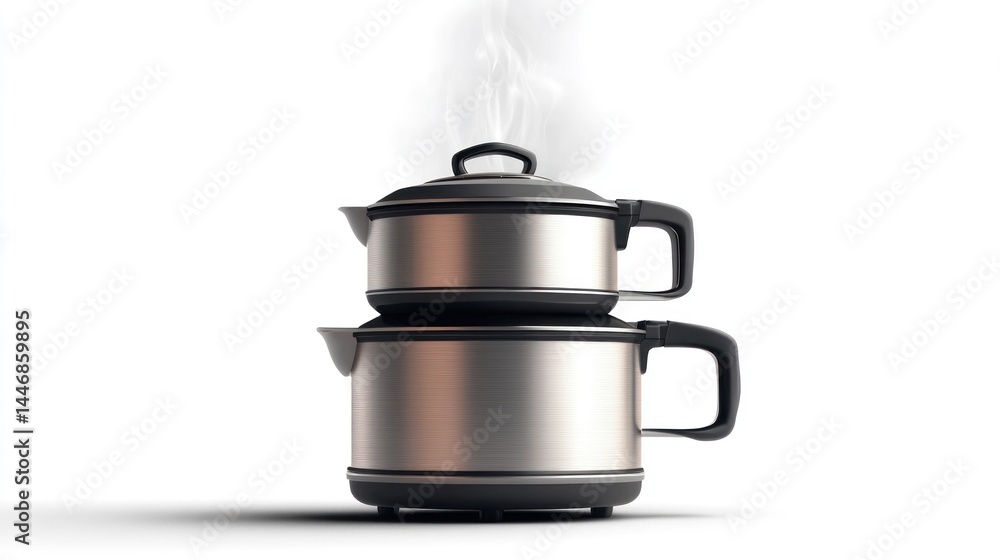 Modern stacked kettles, steaming, for efficient brewing Modern stacked kettles, steaming, for efficient brewing