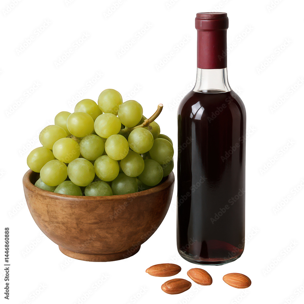 Obraz premium A generous mound of bright green grapes in a carved wooden bowl with a dark bottle and three scattered almonds.
