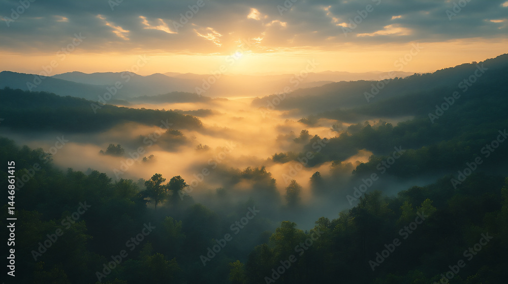 Obraz premium misty appalachian valley bathed in soft morning light