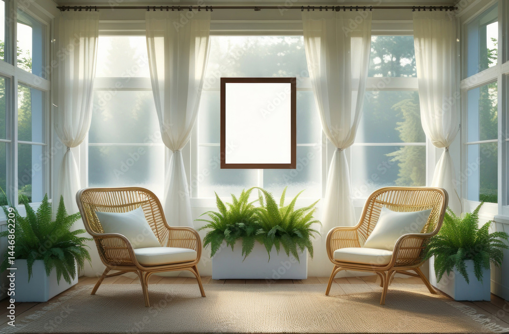 Fototapeta premium Mockup poster frame in a bright sunroom with rattan chairs, sheer curtains, and indoor plants for natural home decor inspiration