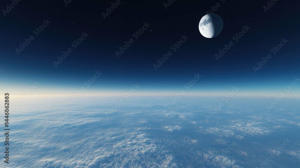 Night sky over the earth and clouds with a crescent moon. Night sky over the earth and clouds with a crescent moon.