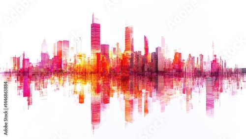Wallpaper Mural Vibrant city skyline reflected in water, warm color palette Torontodigital.ca