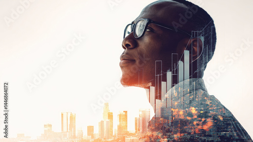 Thoughtful businessman, urban backdrop.  A man in profile, gazing upward, with a cityscape and financial graphs overlaid.  His expression is contemplative, suggesting vision and ambition
