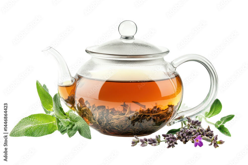 Clear glass teapot filled with a warm brown tea, surrounded by fresh herbs and leaves. The image is a shot with a simple background. Clear glass teapot filled with a warm brown tea, surrounded by fresh herbs and leaves. The image is a shot with a simple background.
