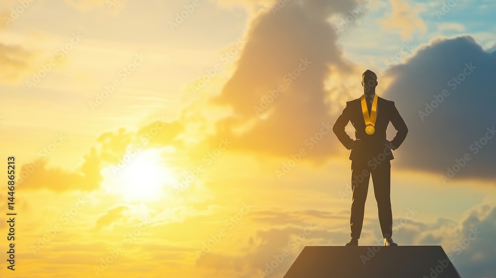 silhouette of successful businessman with a gold medal standing silhouette of successful businessman with a gold medal standing