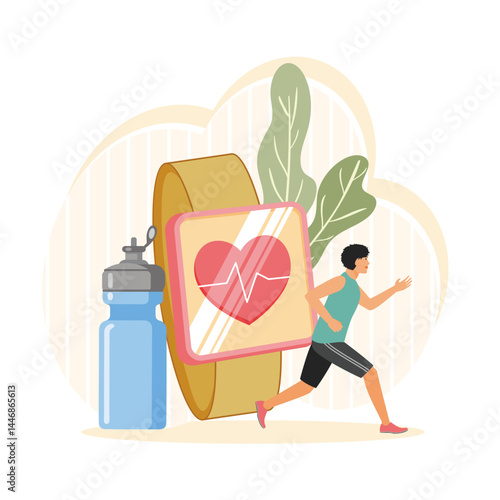  Connected workout. Male athlete running, fit jogger, triathlete training wearing sports equipment.
