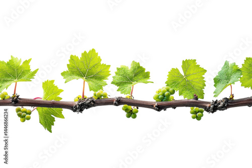 Lush green grapevine branch with vibrant leaves and young unripe grapes against a stark black on transparent background