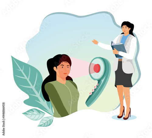 Light therapy. Specialist in uniform with client at beauty procedures and salon.