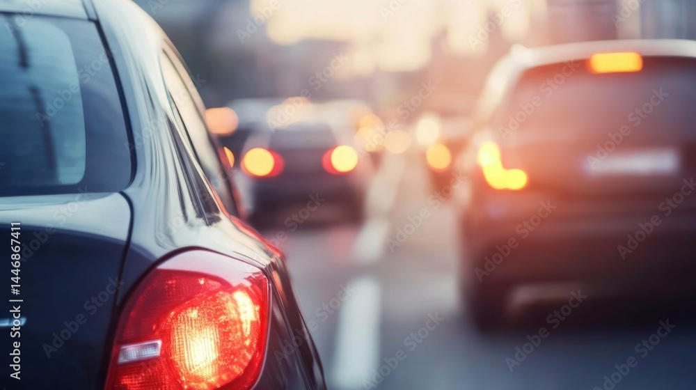 A traffic jam in a city at dusk with cars and tail lights. A traffic jam in a city at dusk with cars and tail lights.