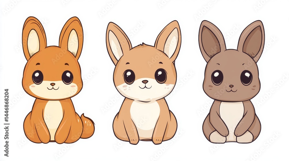 Fototapeta premium Three cute cartoon animals, sitting together, in various shades of brown and orange.